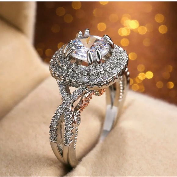 Sterling silver rose gold round cut solitaire halo wedding ring white Sapphires - Picture 5 of 11